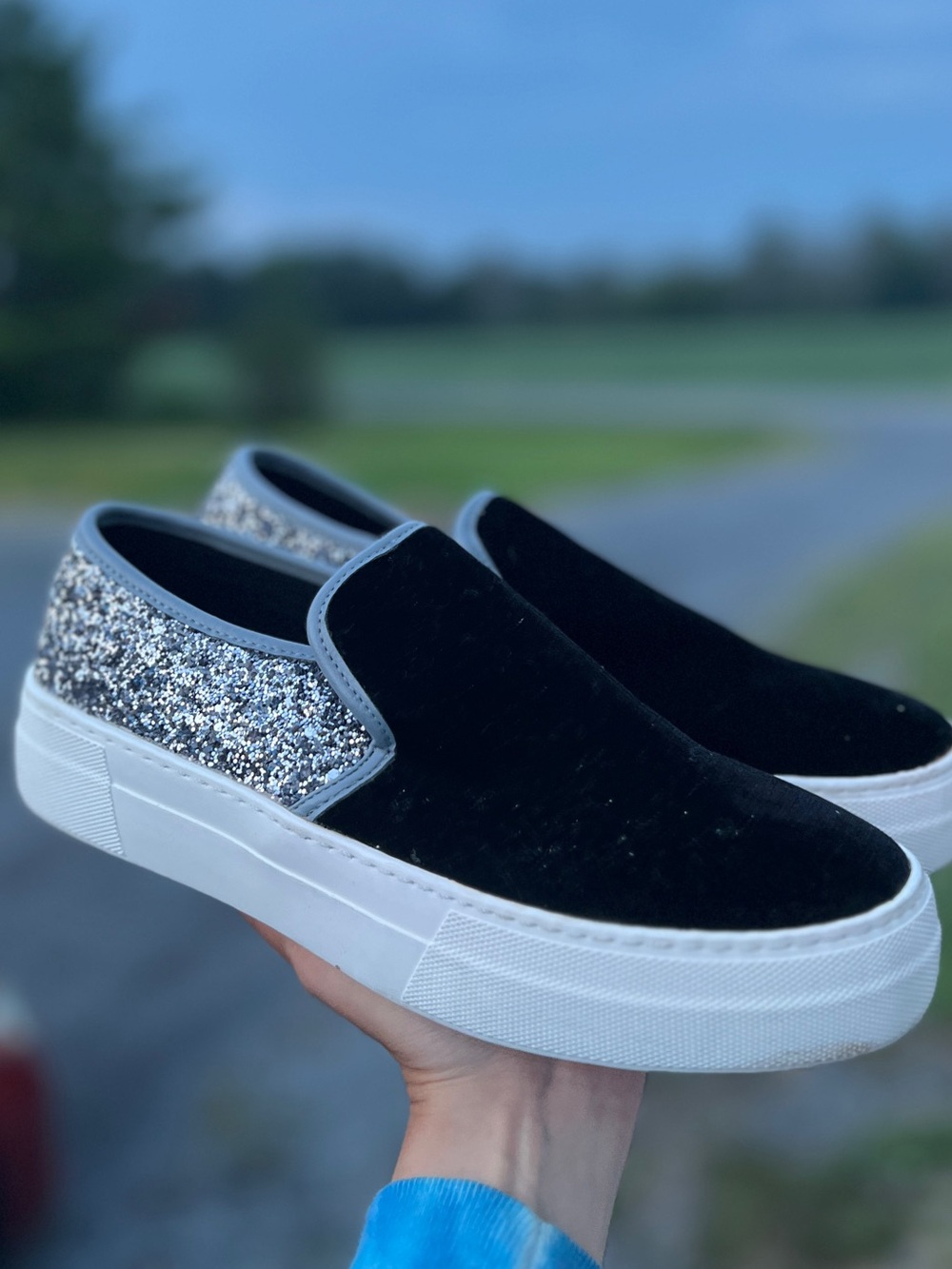 Aldo Black Velvet & Silver Glitter Slip-On Sneakers